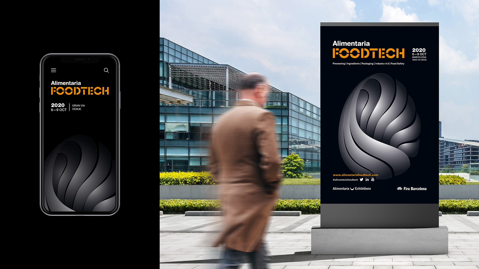 Foodtech identidad móvil y cartel calle